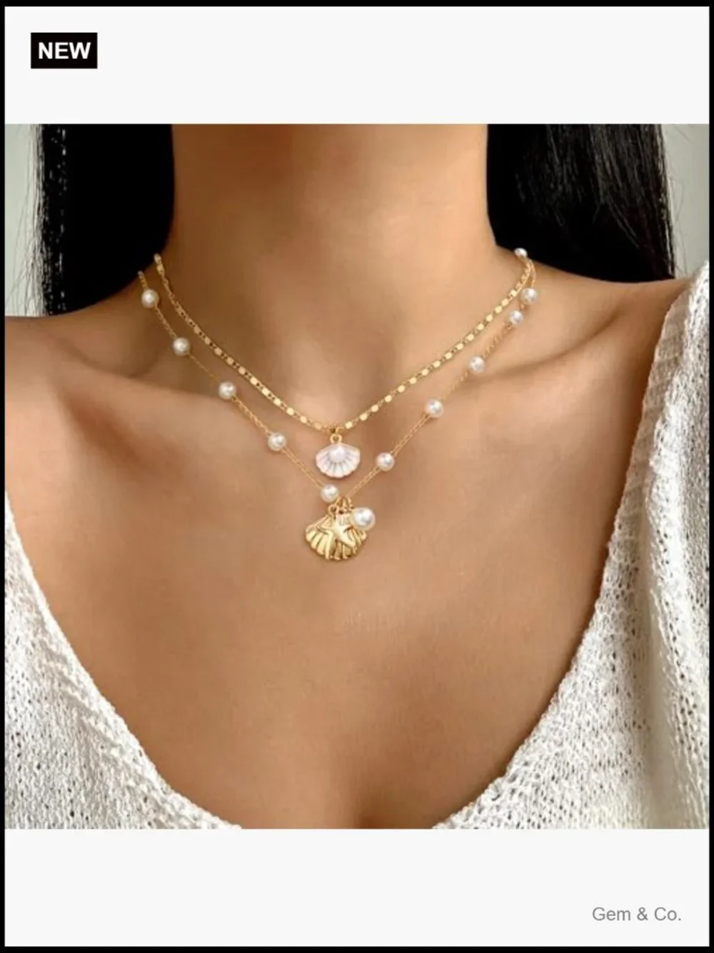 Layered Seashell Starfish Pearl Beach Charm Necklace Set